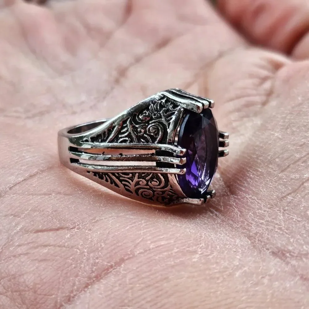 Turkish style Rings Fashion Jewelry Silver Tone W/ Faux Purple Crystal Size 7